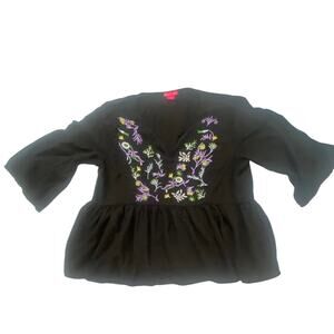 Sunny Leigh XL Black Boho Embroidered Floral Babydoll Peasant Top